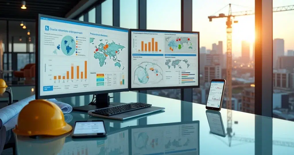 Dashboard de análise de mercado com obras e gráficos da construção civil