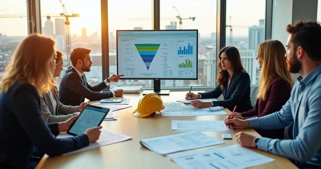 Equipe comercial analisa funil de vendas sobre planta de obra civil