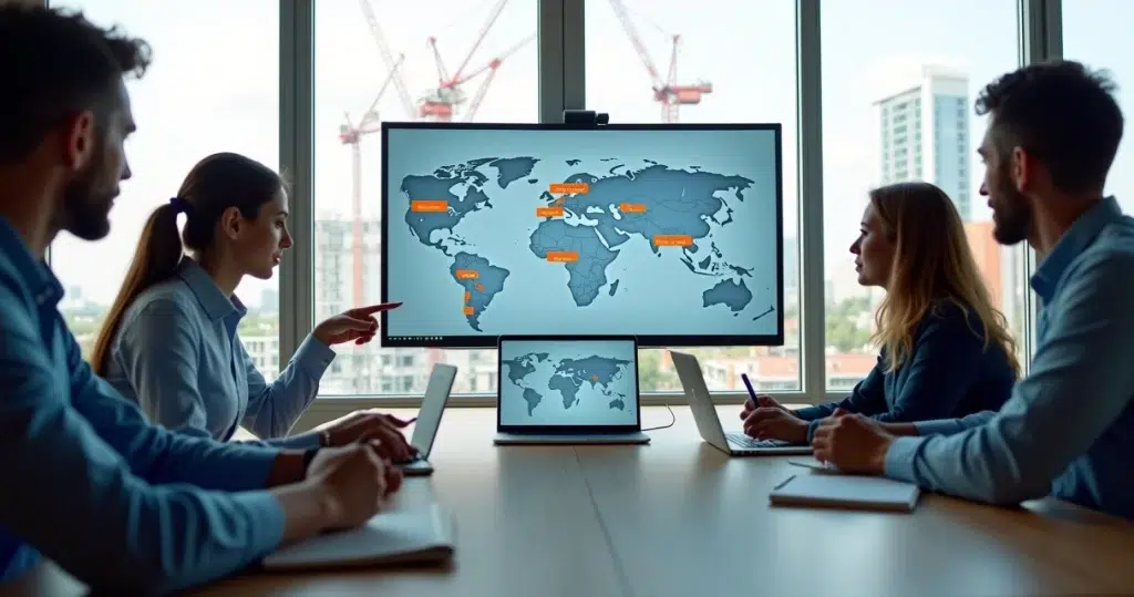 Equipe da construção civil analisando dashboard com dados de obras em um notebook