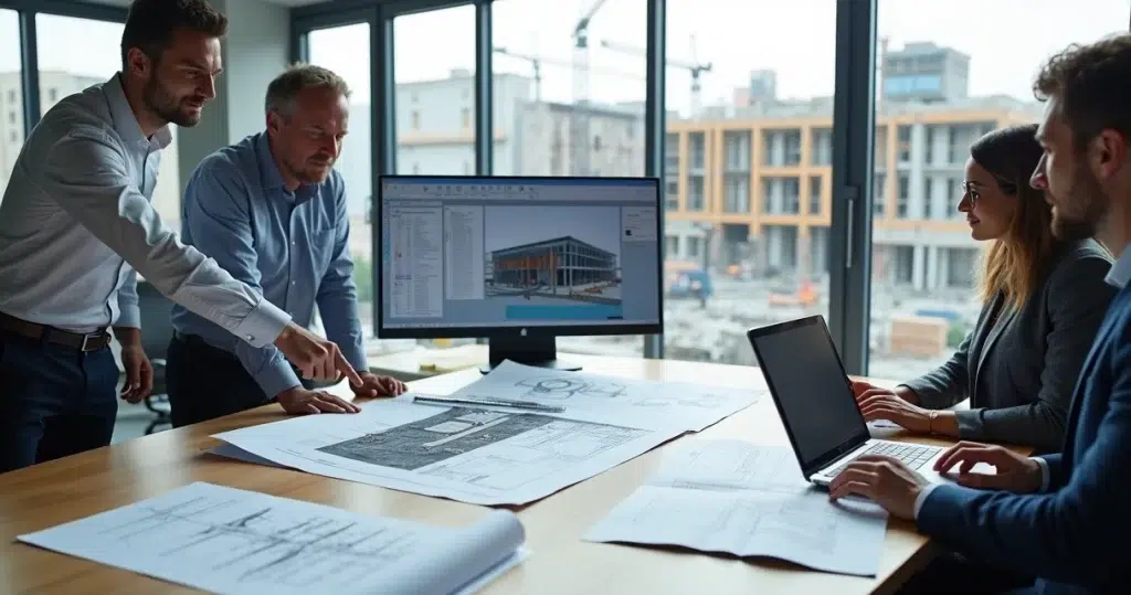 Equipe de engenharia analisando especificações técnicas em planta de obra no computador