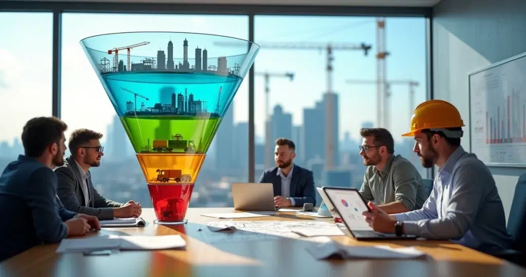 Funil de vendas representado sobre planta de obra com equipe comercial analisando dados