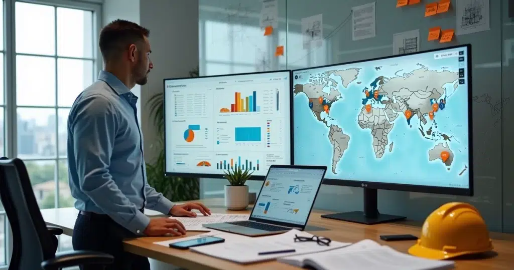 Fornecedor de construção analisando leads B2B em painel digital com obras em destaque