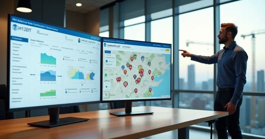 Tela de CRM integrada com mapa de obras em um escritório de construção civil