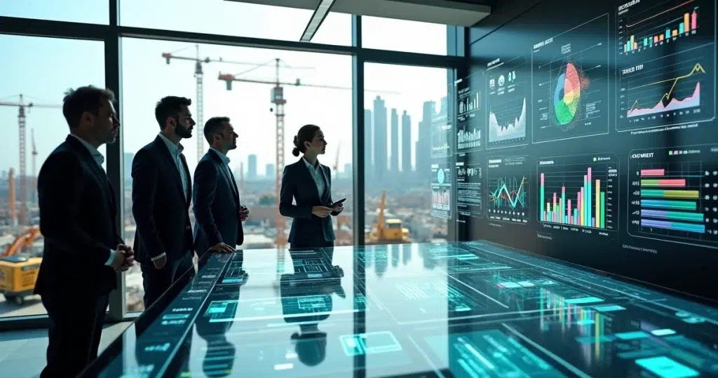 Equipe de vendas analisando painel de dados de obras em um canteiro de construção moderno
