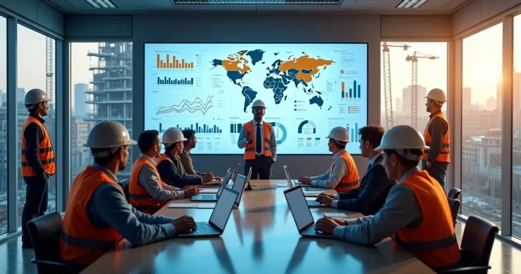 Equipe analisa dados de obras em um painel digital sobre cenário da construção civil