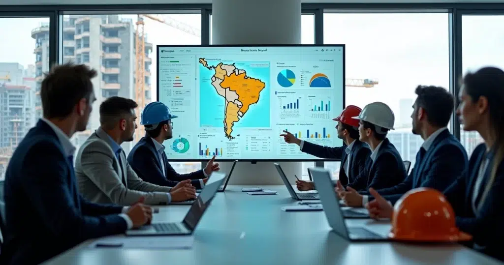 Executivos analisando dashboard de inteligência de mercado em obra de construção civil