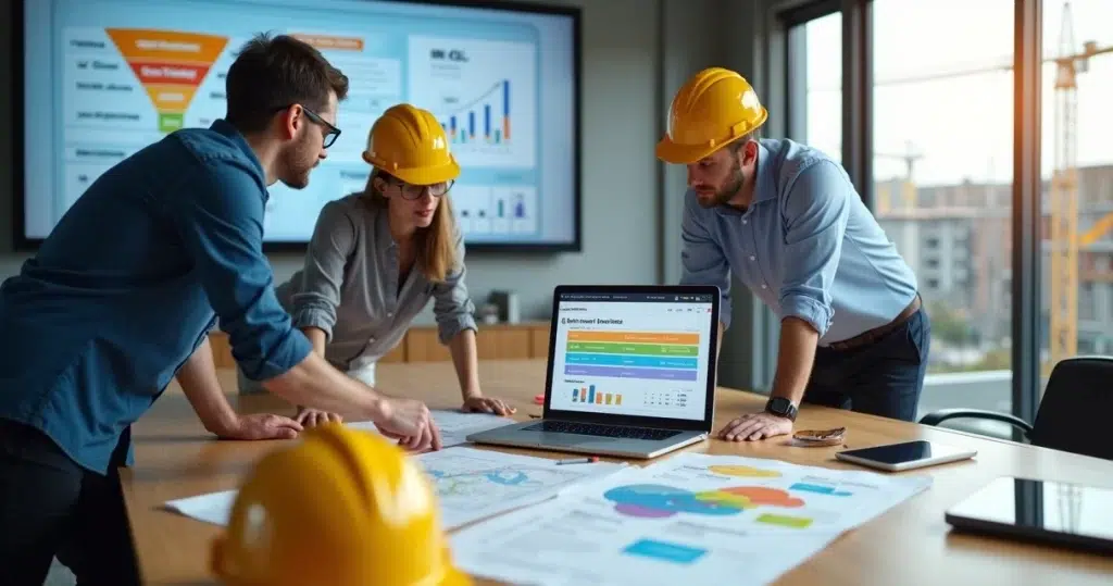 Equipe comercial analisando leads qualificados em obra de construção civil com painel digital