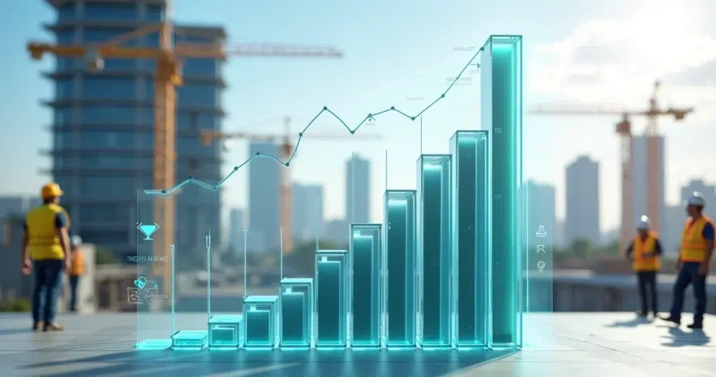 Gráfico de market share sobreposto a canteiro de obras moderno