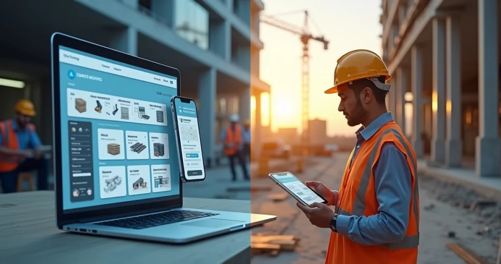 Comparação visual entre marketplace de materiais e prospecção direta em obras de construção civil