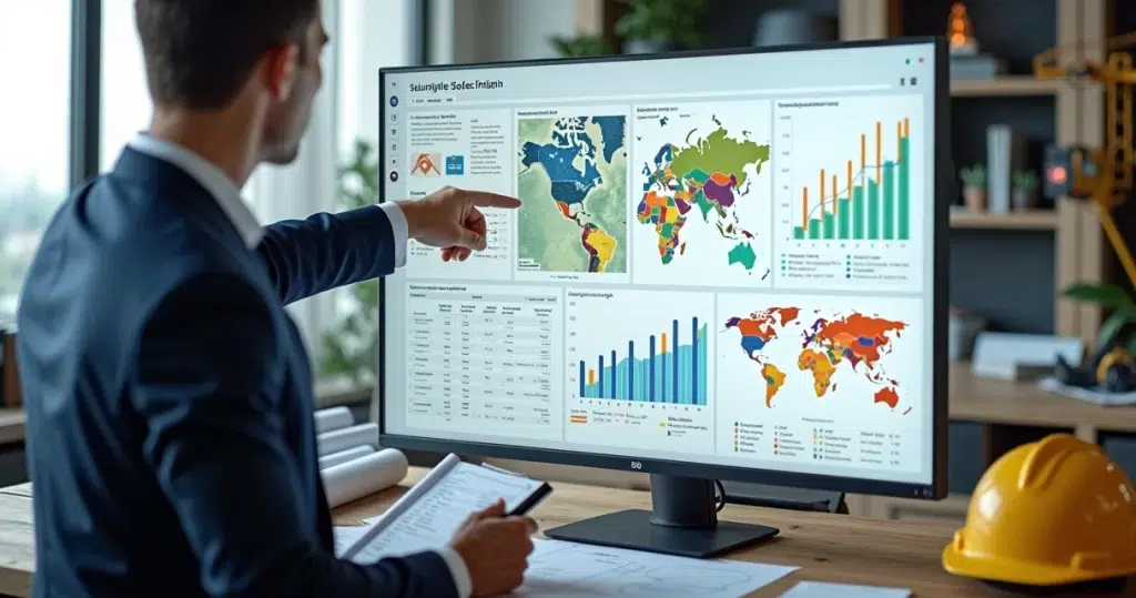 Gestor de vendas analisando painel de controle de prospecção de obras em tela grande