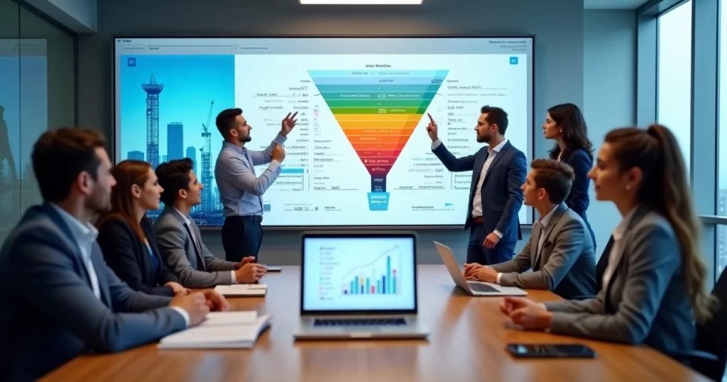 Equipe de vendas analisando painel com funil de prospecção ativa B2B