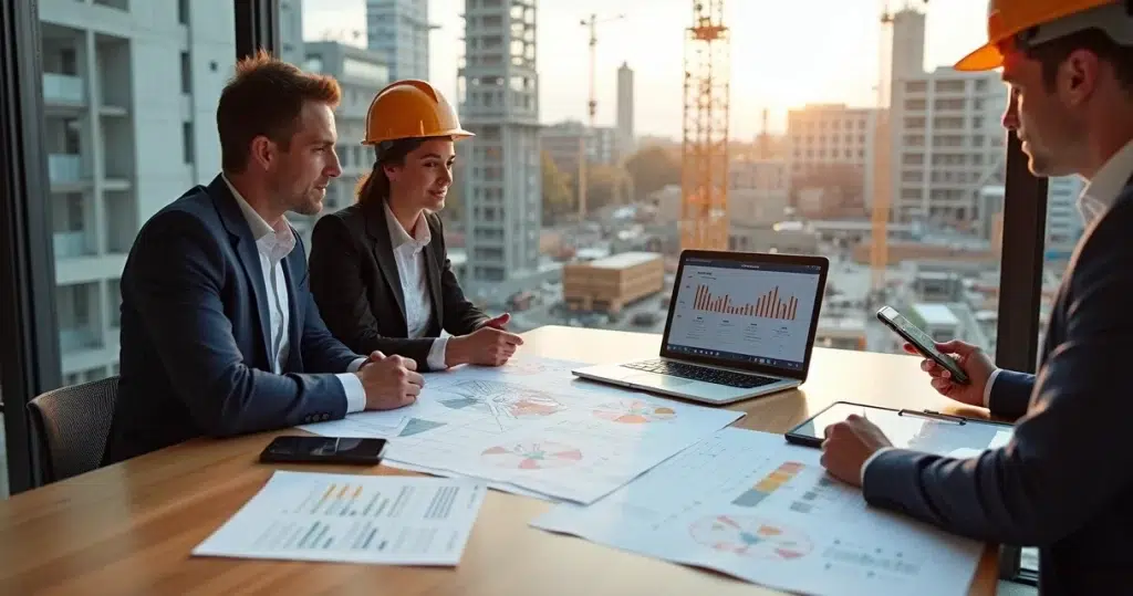 Equipe de vendas analisando prospecção comercial em obra de construção civil