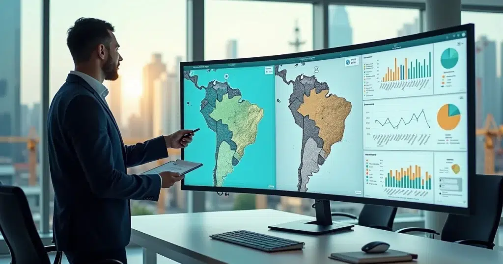 Comparação visual entre mapa regional de obras e painel de inteligência de mercado