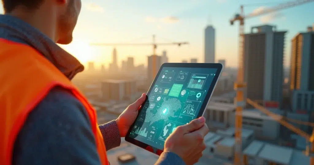 Profissional analisando mapa digital de obras em um tablet no canteiro de construção