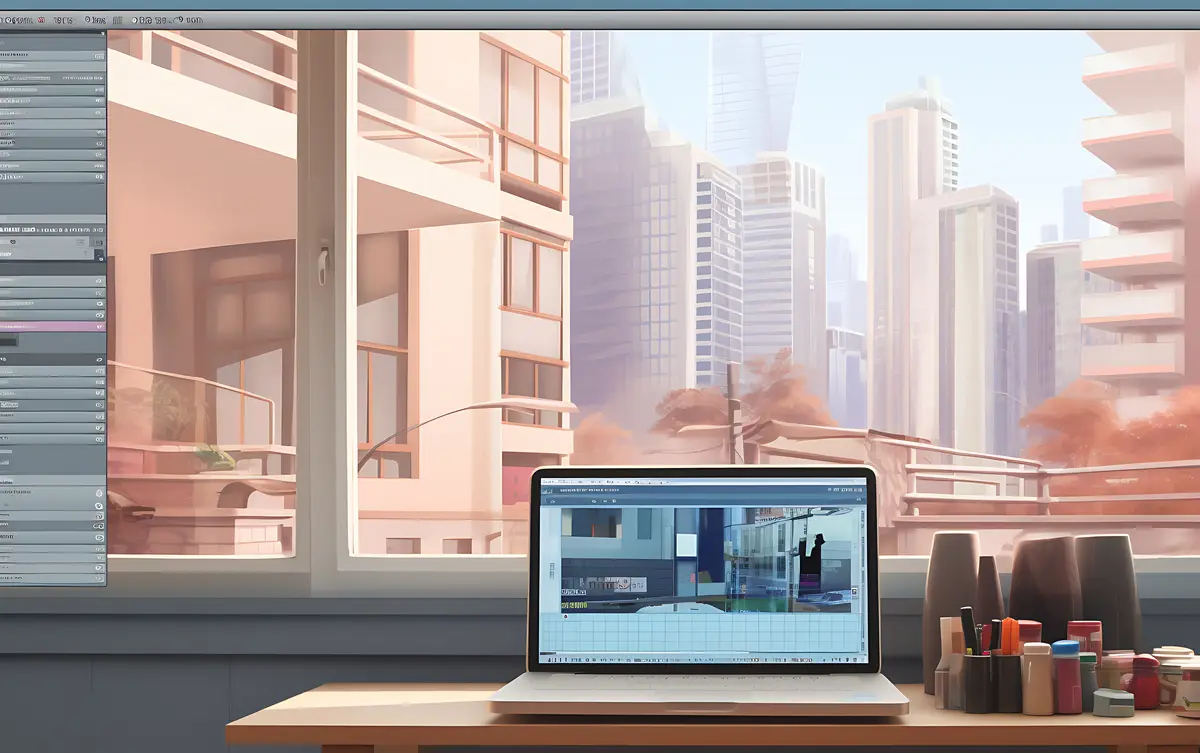 cartoon bedroom scene with window city