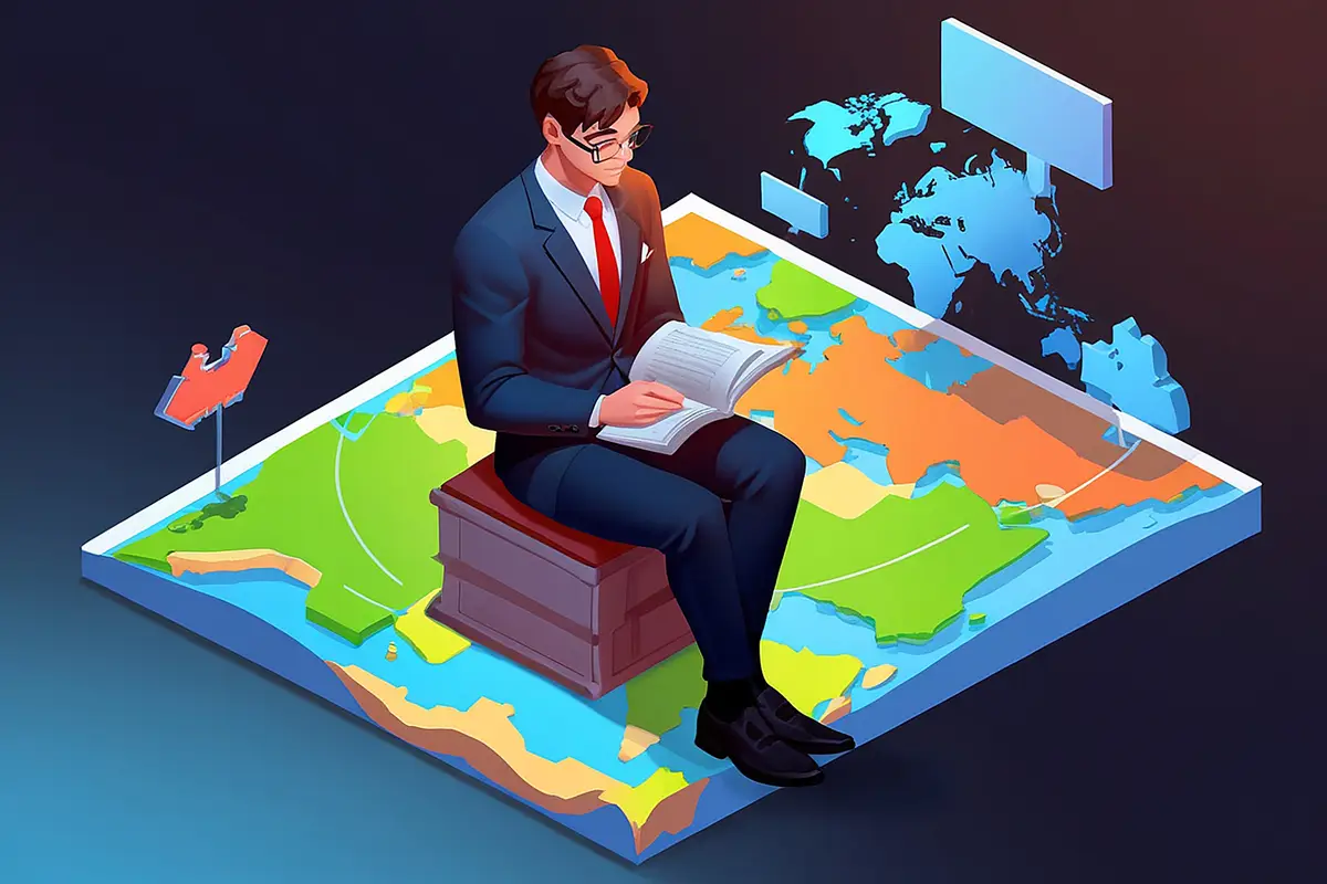 3D Isometric Web Banner Businessman Sitting Reading Book Over The World Map