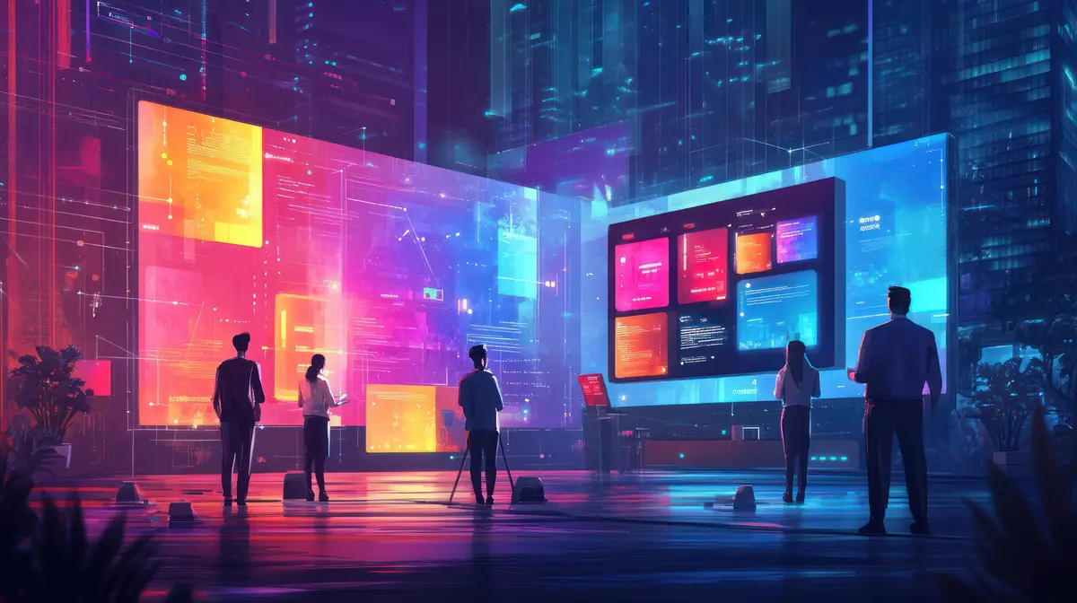 Team collaborating on digital project futuristic city backdrop