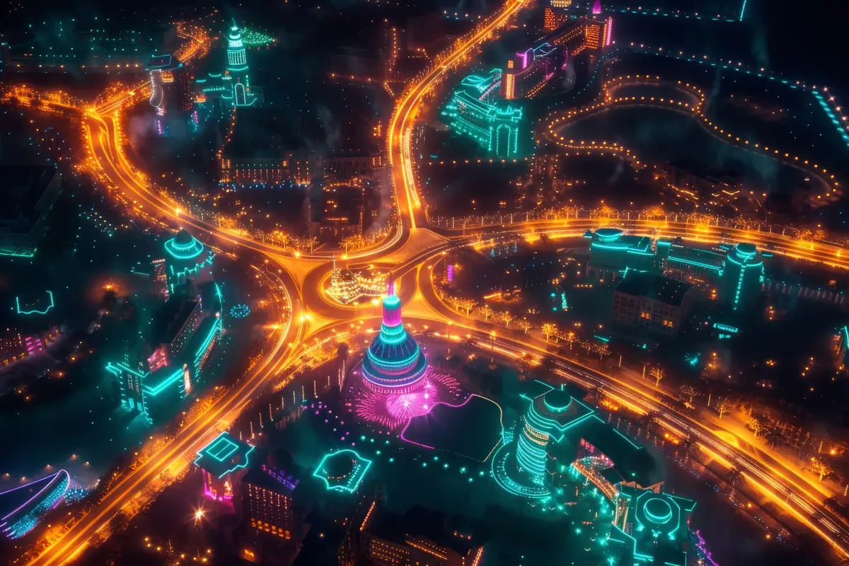 Panoramic views of dubai city illuminated in a neon spectrum