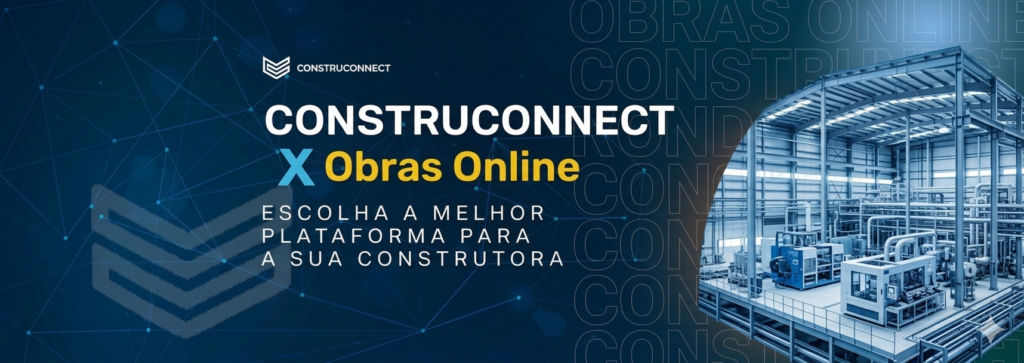 Ponte metálica unindo tablet com canteiro de obras simbolizando plataformas de construção civil