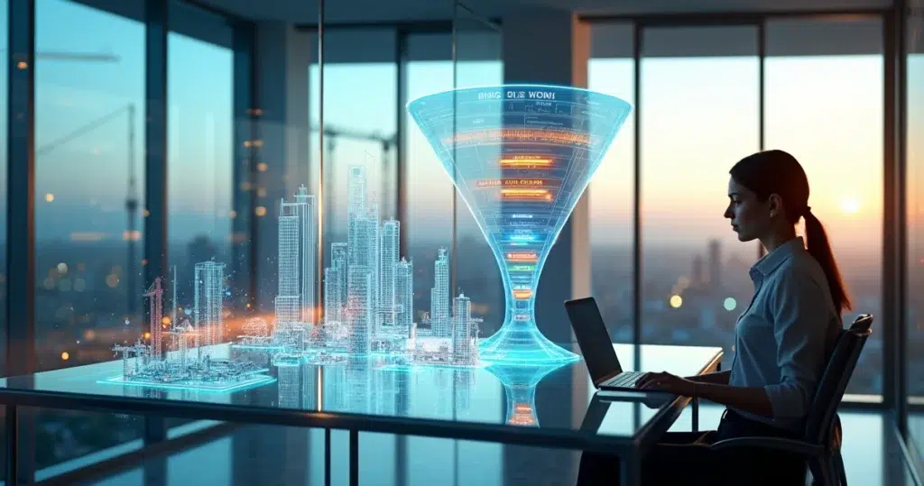 Fluxo de dados conectando plantas de obras a funil de vendas digital