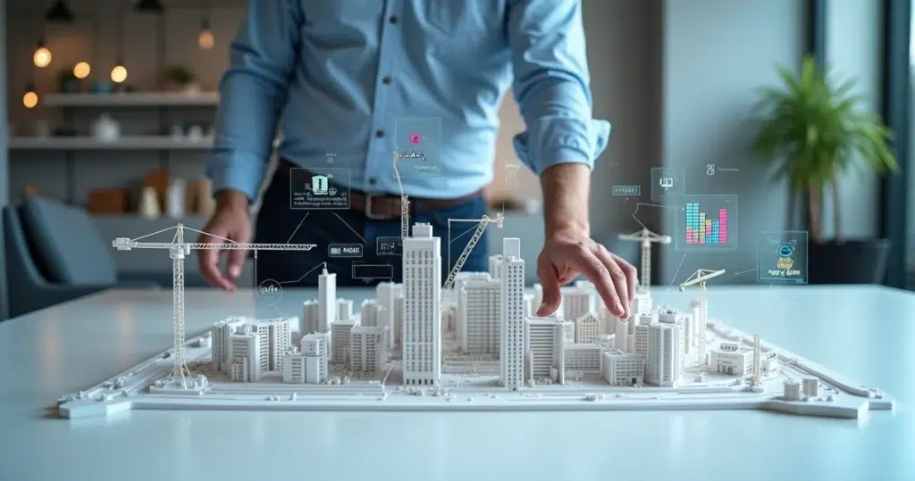 Engenheiro analisando maquete física de obra com holograma de dados ao redor