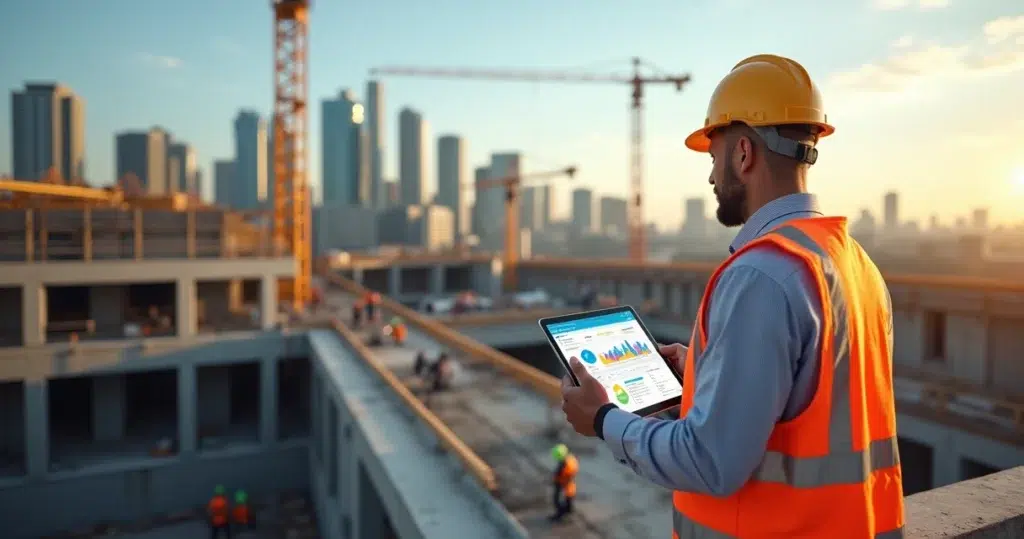 Profissional de vendas da construção civil analisando obra em andamento com tablet na mão