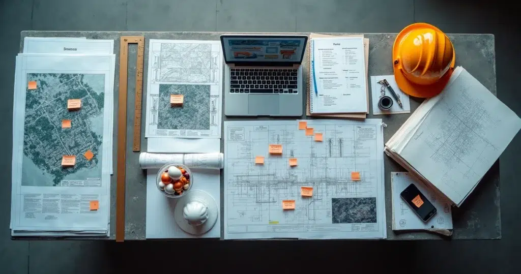 Linha do tempo visual mostrando etapas da prospecção de grandes obras na construção civil
