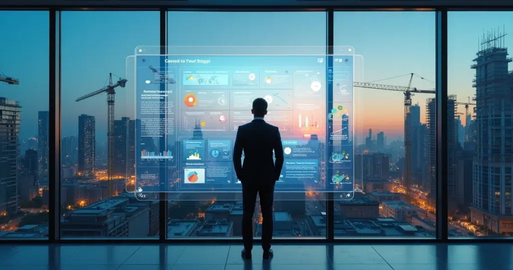 Profissional observando cidade em obras com dashboard digital de oportunidades