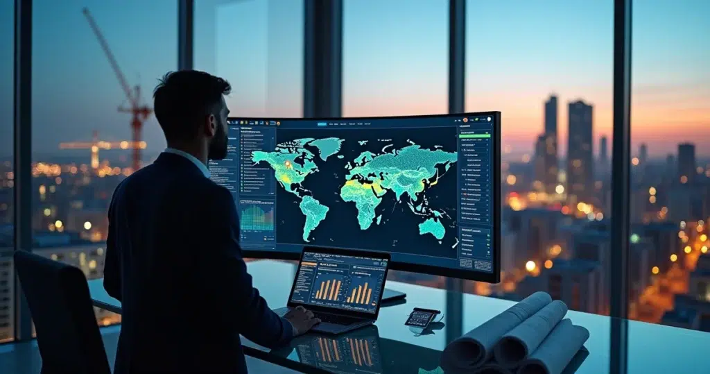 Executivo analisando mapa digital de obras em construção em um painel de inteligência de mercado