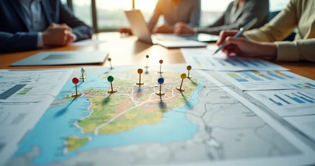 Mapa impresso de Nova Santa Rita com planta de galpão logístico e relatórios de obras sobre a mesa