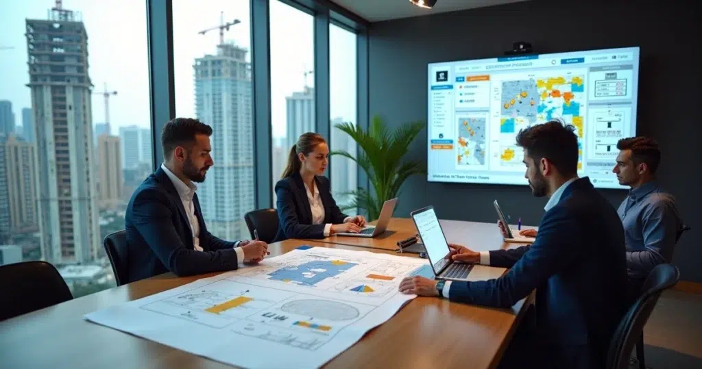 Equipe de vendas e engenharia discutindo prospecção B2B em setor de construção civil
