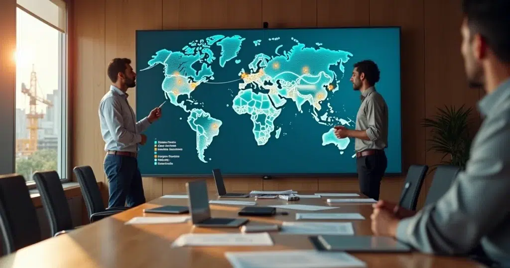 Equipe comercial apontando para mapa do Brasil com obras em destaque em grande tela