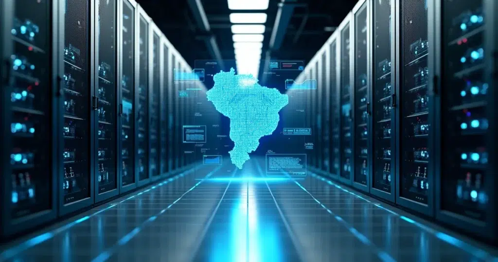 Corredor de data center com servidores iluminados em tons de azul e mapa digital do Brasil ao fundo