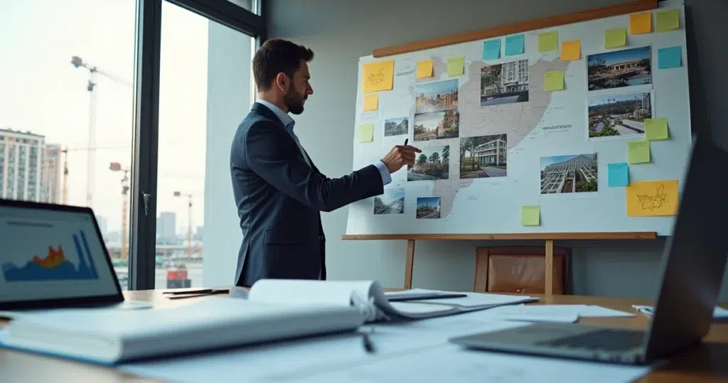 Gestor comercial analisando painel físico com gráficos e projetos de construção civil em 2026