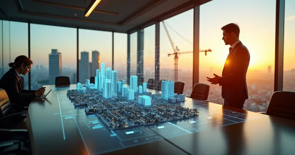 Gestor comercial observando hologramas de dados de obras sobre maquete de cidade