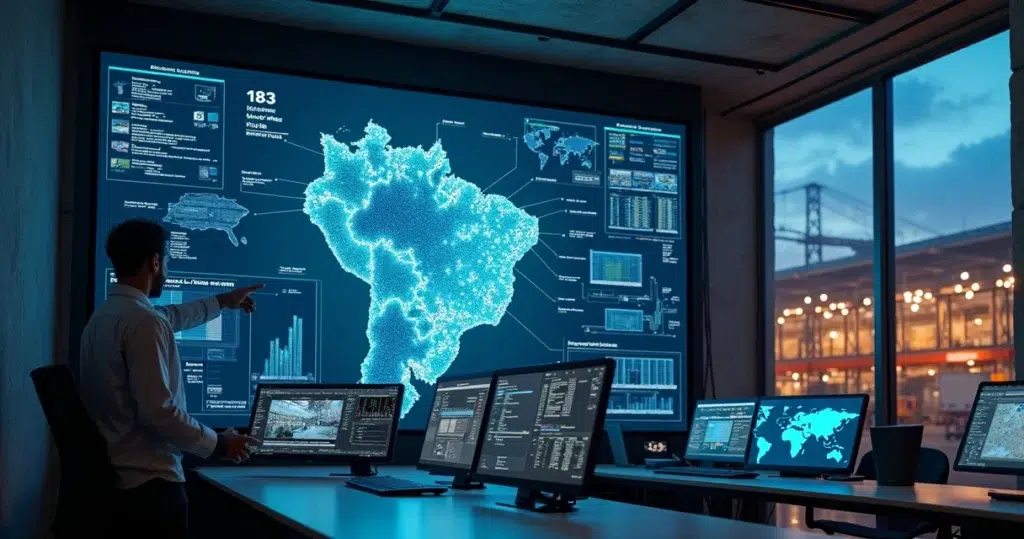 Engenheiro analisando mapa digital com galpões logísticos marcados