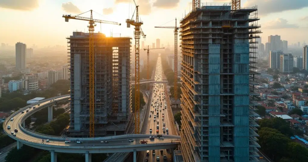 Vista aérea de grandes obras em andamento próximas a prédios comerciais em São Paulo