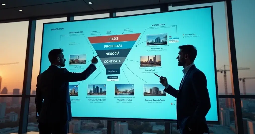 Painel digital mostrando funil de prospecção conectado a diversas obras em construção