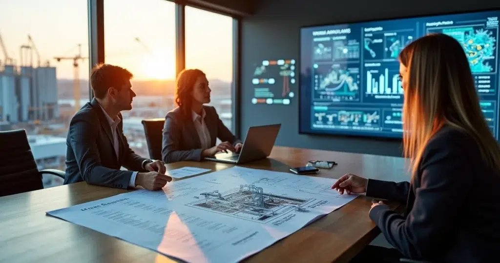 Gestores analisando planta de obra industrial com telas cheias de dados ao fundo