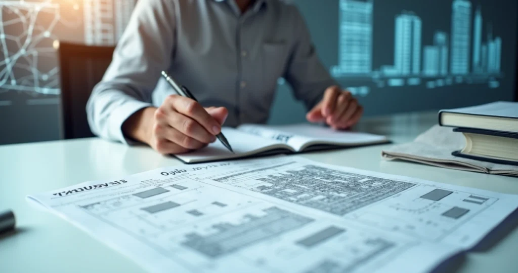 Profissional analisando documentos de licenciamento de obras com código de dados ao fundo