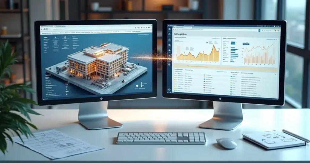 Dashboard de CRM com dados de obras sendo integrados digitalmente