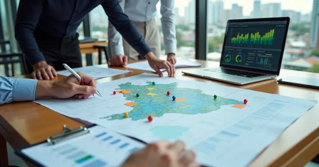 Mesa com mapa impresso do Brasil, plantas de obras e gráficos de construção analisados por equipe de negócios