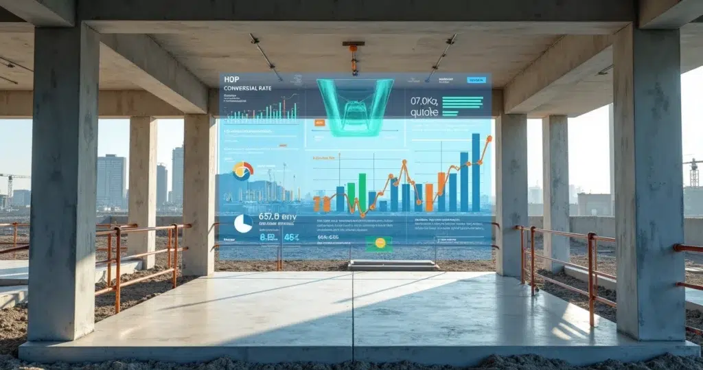 Painel de KPIs comerciais projetado sobre estrutura de obra em construção