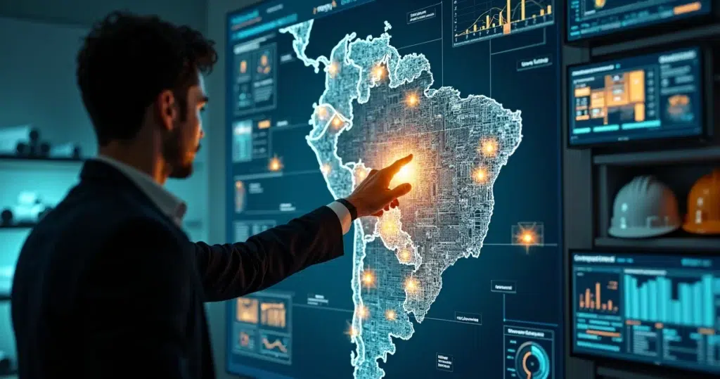 Profissional marcando obras em mapa digital regional com dados em destaque