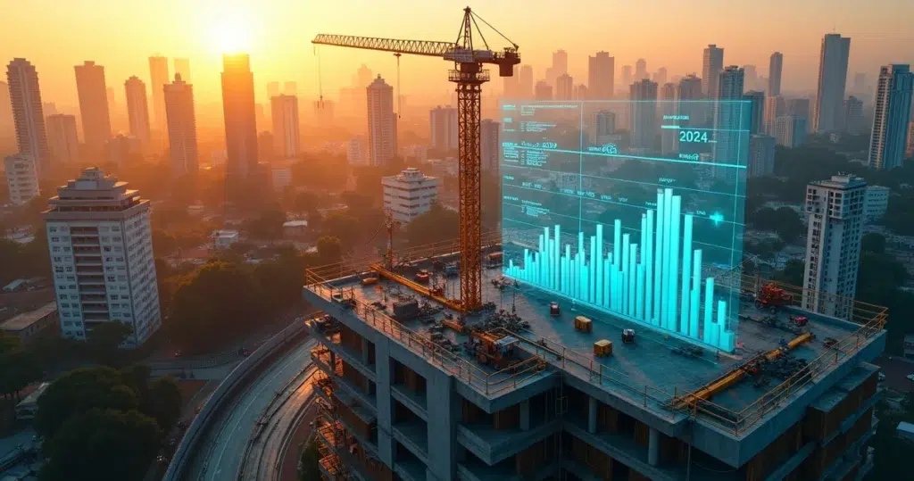 Vista aérea de canteiro de obras com gráficos transparentes sobre a cidade