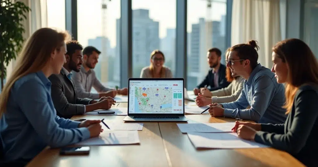 Equipe comercial analisando carteira de obras em mesa de reunião moderna