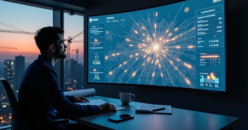 Profissional observando painel digital que escaneia canteiros de obras ativos à distância