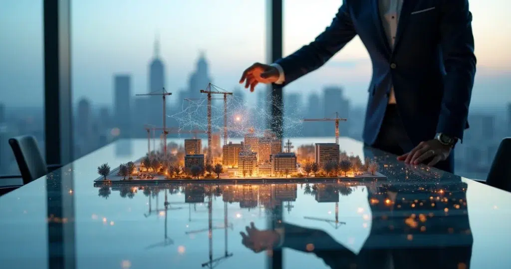 Executivo da construção civil tocando maquete de obra que se transforma em mapa digital com dados preditivos