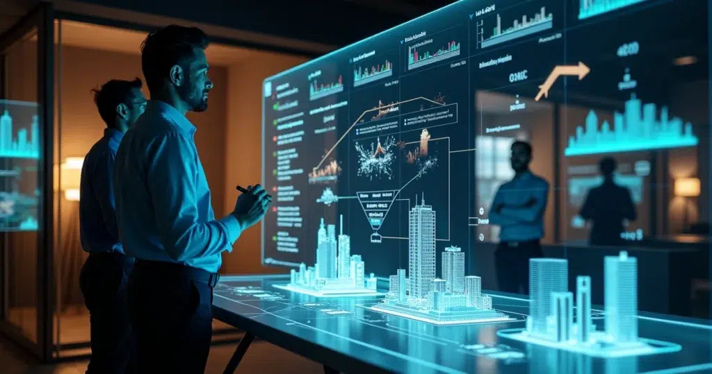 Profissional de vendas analisando painel digital com fluxos de prospecção e obras em destaque