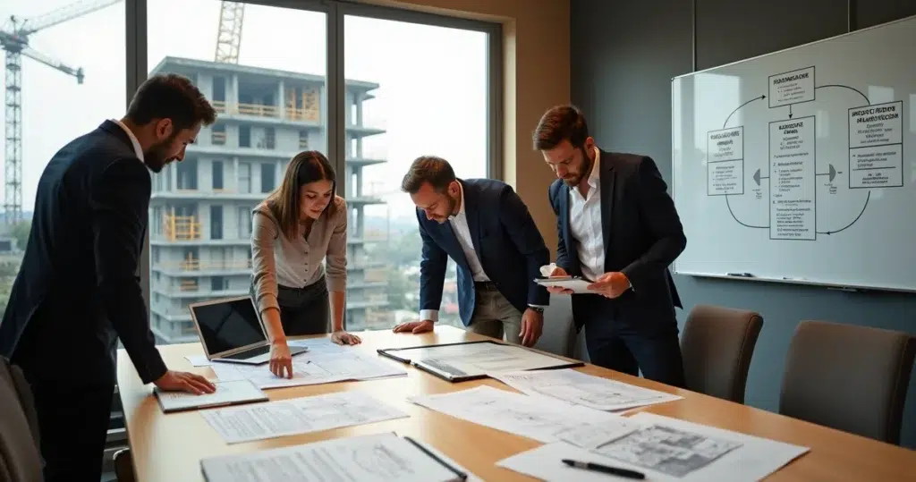 Equipe comercial em reunião analisando documentos técnicos de obra